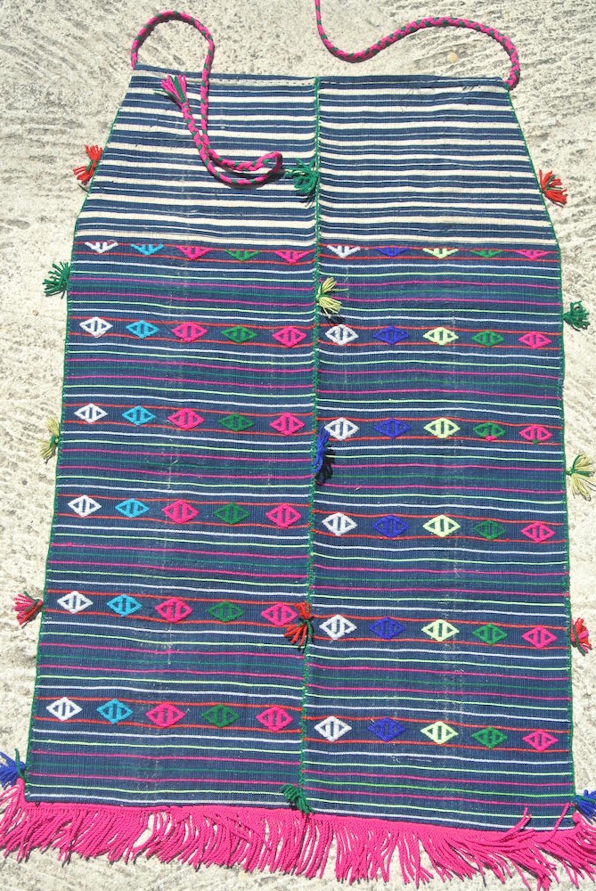 Délicieux Tablier en Coton Vintage Tissé à La Main Anatolien Agrémenté de Broderies Laine/20x 33, 4