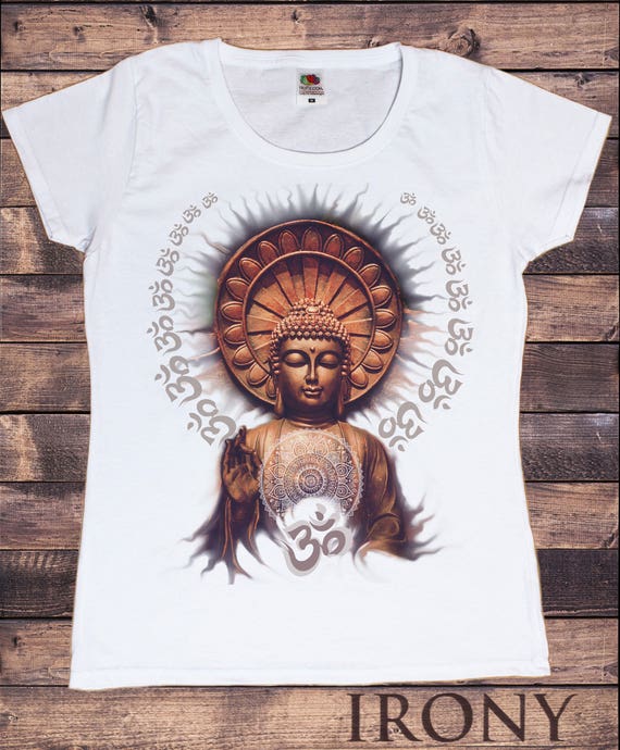 Womens White T-Shirt Om Aum Yoga Buddha Chakra Meditation India Zen Print  TSA7