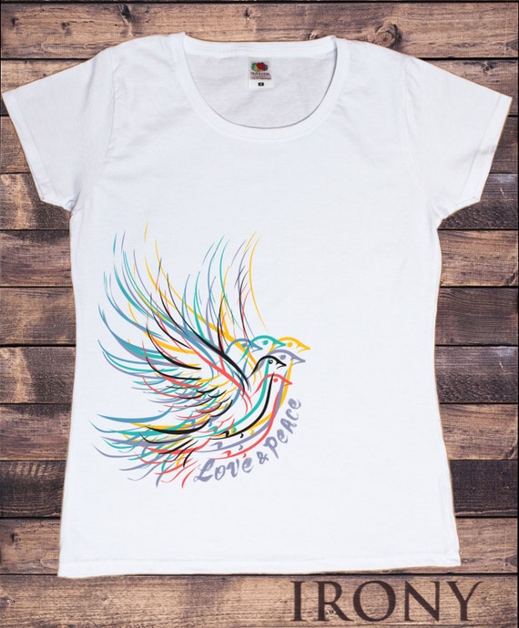 Women’s White T-Shirt Love and Peace Dove Design Birds Print TS359