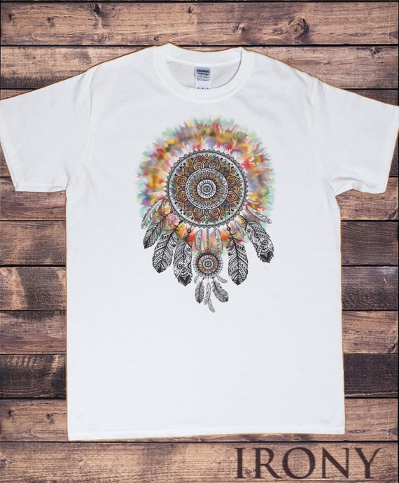 Mens White T-shirt Tribal Red Indian Native American Feathers 