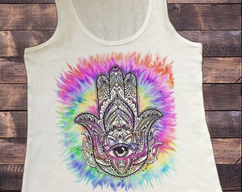 Women's Vest Chakra Meditation Peace Hamsa Hand Fatima Eye Palm Tie Dye Print  JTK1755