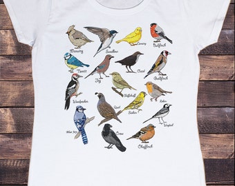 Women's White T-Shirt British Indie Bird Watching,Twitchers, Bird names Print TS577