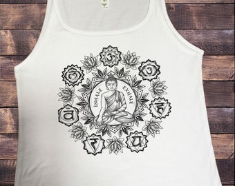 JTK1744  Front/Back Jersey tank top yoga meditation Chakra symbols inhale. F/B