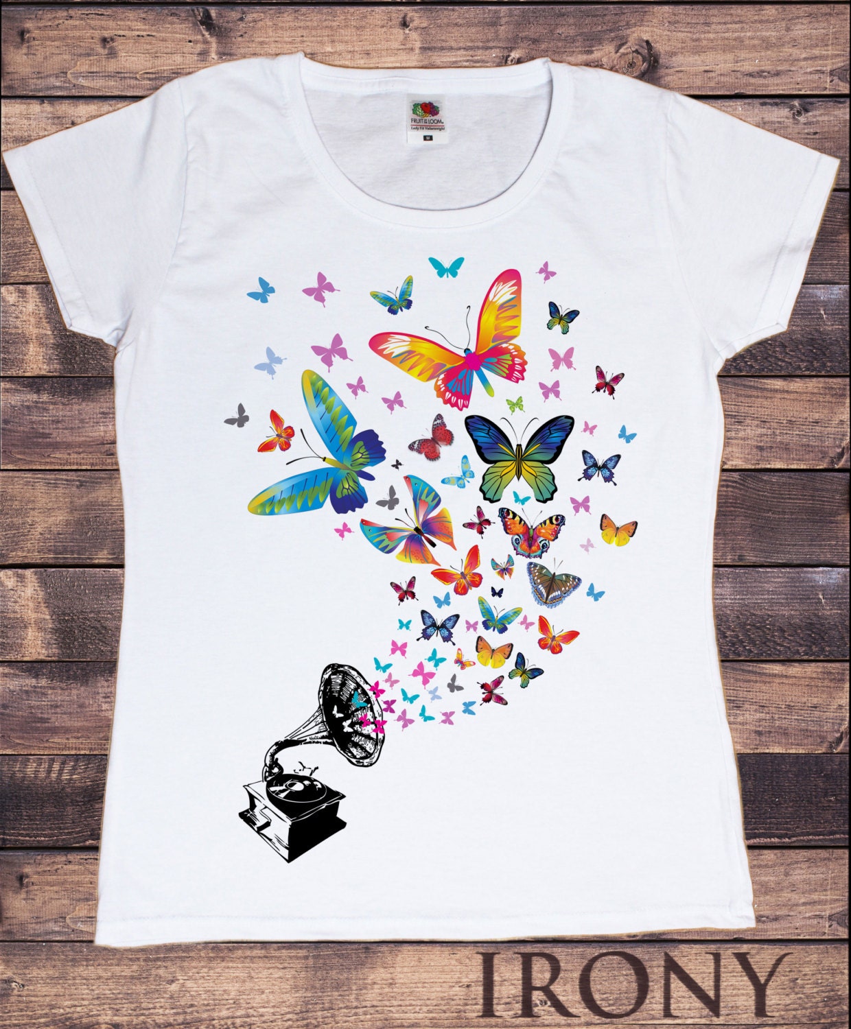 Women's White T-shirt Colourful Butterfly Design With Women's White T-shirt Colourful Butterfly Design With