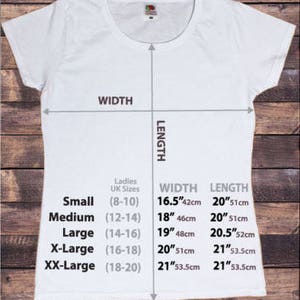 May include: White women's t-shirt with size chart showing width and length measurements in inches and centimeters. The chart includes UK sizes from 8-10 to 18-20.