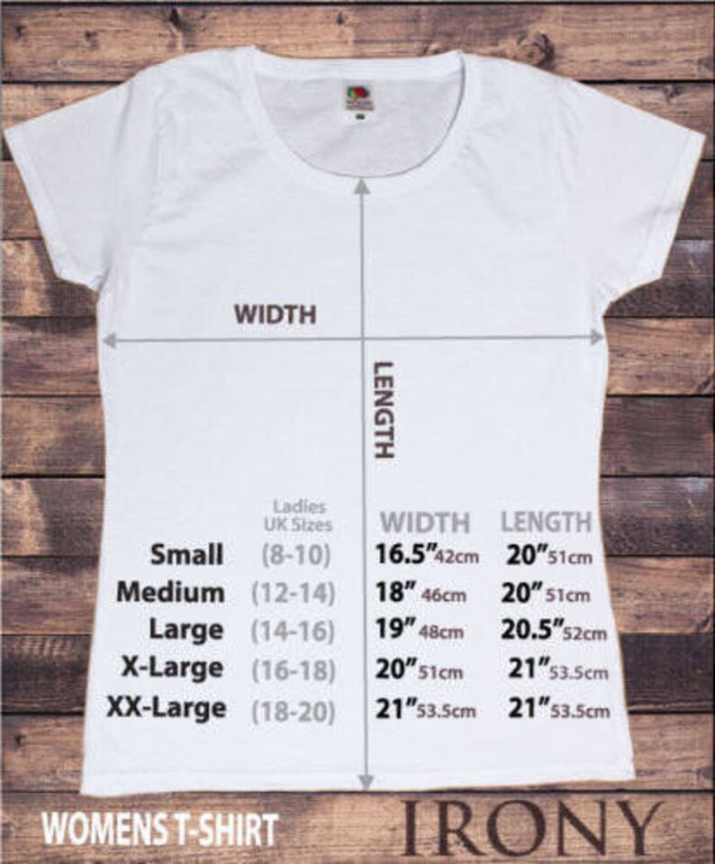 May include: White women's t-shirt with size chart showing width and length measurements in inches and centimeters. The chart includes UK sizes from 8-10 to 18-20.