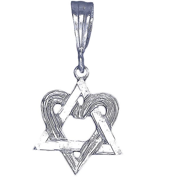 Sterling Silver Star of David with Heart Pendant Necklace 1.2 Inches 1.4 Grams with Diamond Cut Finish and 18 Inch Chain