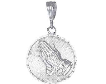 Sterling Silver Praying Hands Medallion Pendant Necklace 1.4 Inches 1.9 Grams with Diamond Cut Finish and 18 Inch Chain