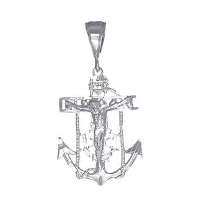 Sterling Silver Anchor Cross with Jesus and Hearts Pendant Necklace 1.9 Inches 3.7 Grams with Diamond Cut Finish and 24 Inch Chain