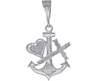 Sterling Silver Anchor Cross and Heart Pendant Necklace 1.4 Inches 2.3 Grams with Diamond Cut Finish and 24 Inch Chain