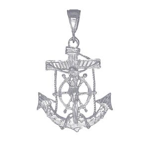 Sterling Silver Anchor Cross with Jesus Pendant Necklace 2.2 Inches 7 Grams with Diamond Cut Finish and 24 Inch Chain