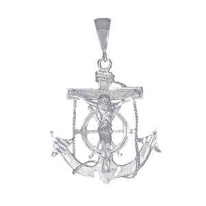 Sterling Silver Anchor Cross with Jesus Pendant Necklace 2.1 Inches 7.5 Grams with Diamond Cut Finish and 24 Inch Chain