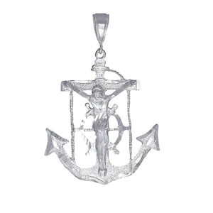 Large Sterling Silver Anchor Cross with Jesus Pendant Necklace 2.5 Inches 10 Grams with Diamond Cut Finish and 24 Inch Chain