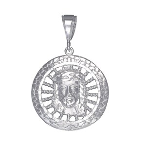 Sterling Silver Jesus Medallion Pendant Necklace 1.8 Inches 5.5 Grams with Diamond Cut Finish and 24 Inch Chain