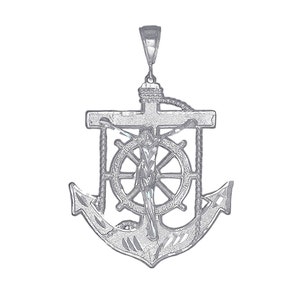 Sterling Silver Anchor Cross with Jesus Pendant Necklace 2.6 Inches 12 Grams with Diamond Cut Finish and 24 Inch Chain