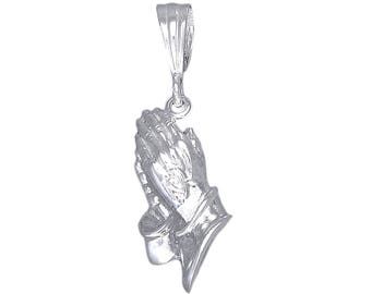 Sterling Silver Praying Hands Pendant Necklace 1.4 Inches 1.9 Grams with Diamond Cut Finish and 18 Inch Chain