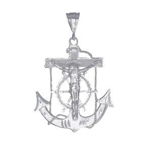 Large Sterling Silver Anchor Cross with Jesus Pendant Necklace 2.9 Inches 15 Grams with Diamond Cut Finish and 24 Inch Chain