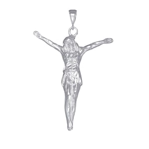 Large Sterling Silver Jesus Christ Pendant Necklace with Diamond Cut Finish and 24 Inch Chain, 13.3 Grams  3.4 Inches