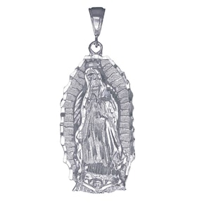 Sterling Silver Virgin Mary Pendant Necklace 2.6 Inches 8 Grams with Diamond Cut Finish and 24 Inch Chain