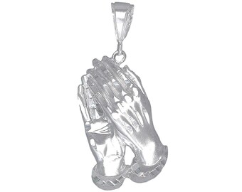 Sterling Silver Praying Hands Pendant Necklace 1.9 Inches 6.3 Grams with Diamond Cut Finish and 24 Inch Chain