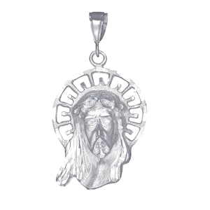 Sterling Silver Jesus Head Pendant Necklace 2.2 Inches 9.5 Grams with Diamond Cut Finish and 24 Inch Chain