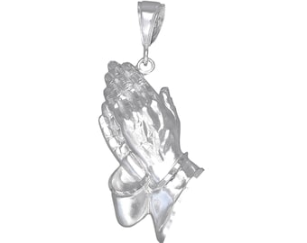 Sterling Silver Praying Hands Pendant Necklace 2.1 Inches 7 Grams with Diamond Cut Finish and 24 Inch Chain