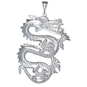 Huge Heavy Sterling Silver Dragon Charm Pendant Necklace 4.25 Inches 50 Grams with Diamond Cut Finish and 24 Inch Figaro Chain
