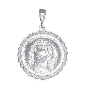 Sterling Silver Jesus Medallion Pendant Necklace 2.1 Inches 13 Grams with Diamond Cut Finish and 24 Inch Chain