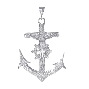 Huge Heavy Nugget Style Sterling Silver Anchor Cross with Jesus Pendant Necklace 3.8&quot; 35 Grams with Diamond Cut Finish and 24 Inch Chain