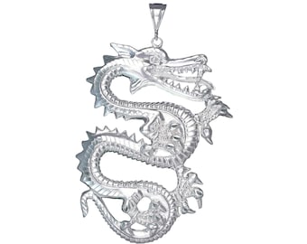 Huge Heavy Sterling Silver Dragon Charm Pendant Necklace 4.25 Inches 50 Grams with Diamond Cut Finish and 24 Inch Figaro Chain