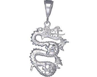 Sterling Silver Dragon Charm Pendant Necklace 1.8 Inches 4.1 Grams with Diamond Cut Finish and 24 Inch Figaro Chain