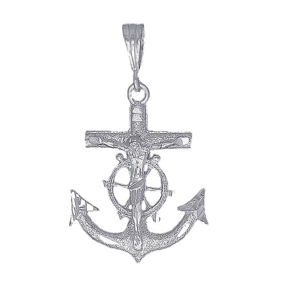 Sterling Silver Anchor Cross with Jesus Charm Pendant Necklace with Diamond Cuts