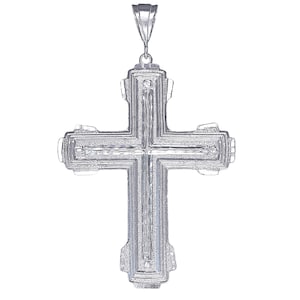 Enorme cruz pesada de prata esterlina sem colar com pingente de Jesus 3,5 polegadas 23 gramas com acabamento de corte de diamante e corrente Figaro de 24 polegadas