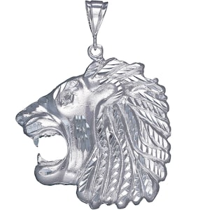 Huge Heavy Sterling Silver Lion Head Charm Pendant Necklace 2.9 Inches 25 Grams with Diamond Cut Finish and 24 Inch Figaro Chain