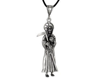 Sterling Silver .925 Santa Muerte "Our Lady of the Holy Death" Charm Pendant, Oxidized | Made in USA