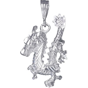 Sterling Silver Dragon Charm Pendant Necklace 1.6 Inches 5.7 Grams with Diamond Cut Finish and 24 Inch Figaro Chain