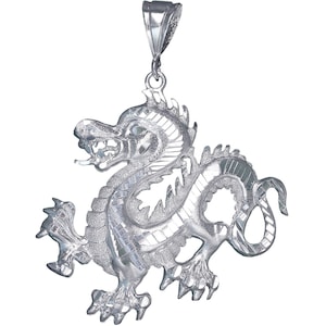 Large Sterling Silver Dragon Charm Pendant Necklace 2.75 Inches 15 Grams with Diamond Cut Finish and 24 Inch Figaro Chain