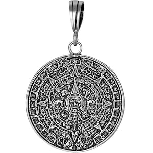 Sterling Silver Aztec Calendar Mayan Sun Charm Pendant Necklace 1.75 Inches 6.7 Grams with Antique Oxidized Finish and 24 Inch Figaro Chain