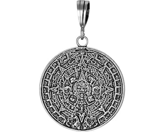 Sterling Silber aztekischen Kalender Maya-Sun-Charm Halskette 1,75 Zoll 6,7 Gramm mit Antikfinish oxidiert und 24-Zoll-Figaro-Kette
