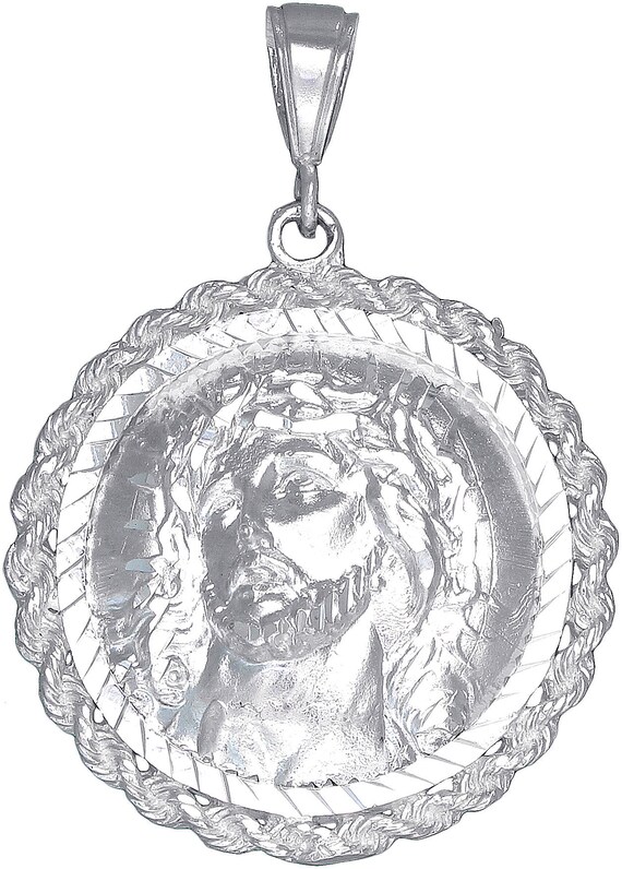 Collana con ciondolo a forma di medaglione di Gesù in argento sterling da 2,1 pollici, 13 grammi, con finitura taglio diamante e catena da 24 pollici - Italia