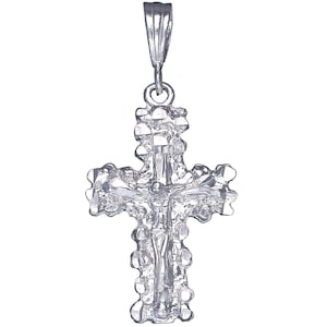 Sterling Silver Nugget Cross with Jesus Pendant Necklace 1.7 Inches 4 Grams with Diamond Cut Finish and 24 Inch Figaro Chain
