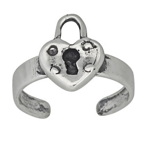 Sterling Silver .925 Lock Heart Toe Ring Adjustable Size, Oxidized, Vintage Style Made in USA image 1