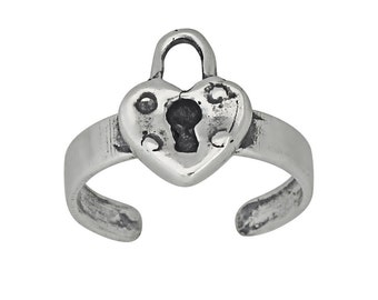 Sterling Silver .925 Lock Heart Toe Ring Adjustable Size, Oxidized, Vintage Style | Made in USA