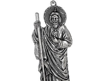 Sterling Silver Saint Jude Pendant 925 Large 3" Oxidized Apostle Necklace