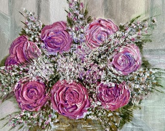 Perfect Housewarming Gift Original Acrylic Handcrafted Floral Painting Romantic Pink Rose Wall Art Elegant Floral Home Decor-9.5x12" canvas.