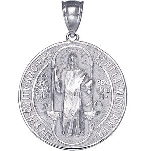 Sterling Silver Saint Benedict Medal Reversible Charm Pendant Necklace 1.25 Inches 3.5 Grams with High Polish Finish and Chain