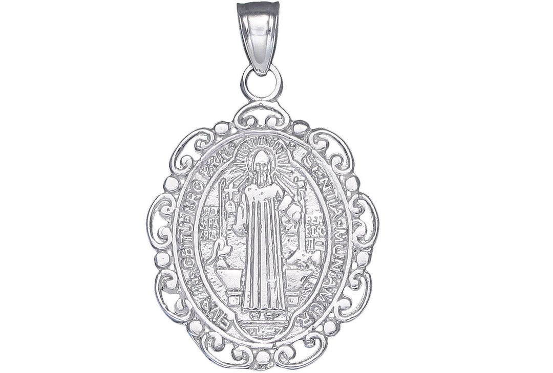 Sterling Silver Saint Benedict Medal Reversible Charm Pendant Necklace ...