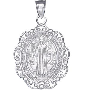 Sterling Silver Saint Benedict Medal Reversible Charm Pendant Necklace 1.25 Inches 2.2 Grams with High Polish Finish and Chain