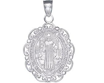 Sterling Silver Saint Benedict Medal Reversible Charm Pendant Necklace 1.25 Inches 2.2 Grams with High Polish Finish and Chain