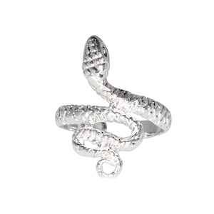 May include: A silver snake ring with a detailed, textured design. The snake is coiled and the head is raised.